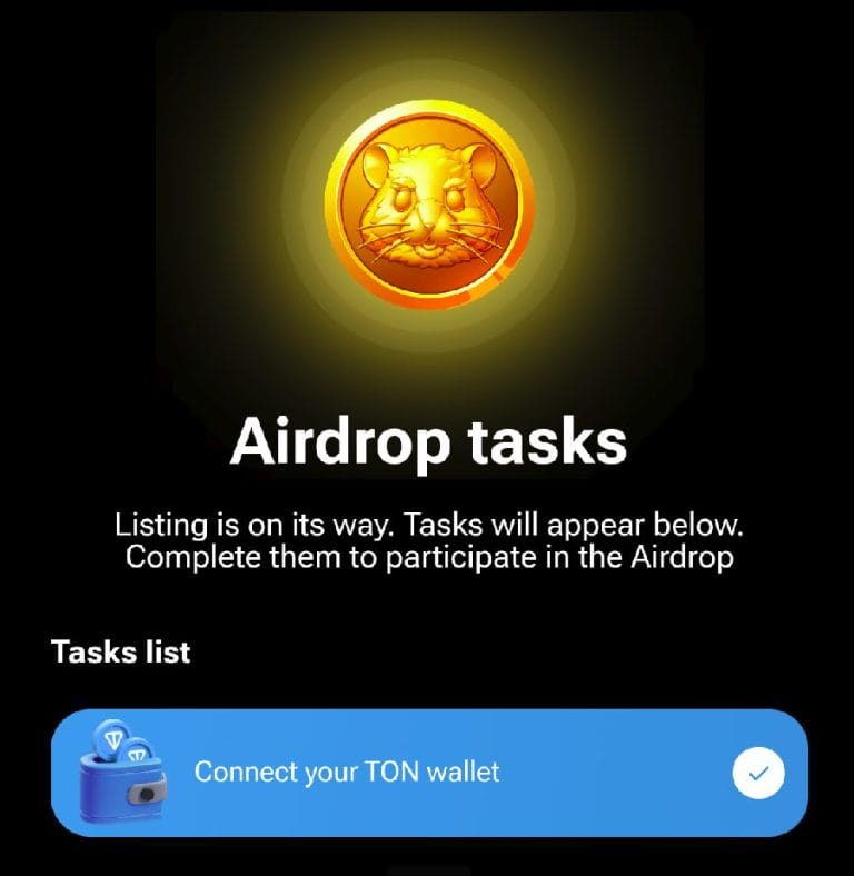 Hamster Kombat airdrop tasks screen, prompting users to connect their TON wallet to qualify for future HMSTR token airdrops.