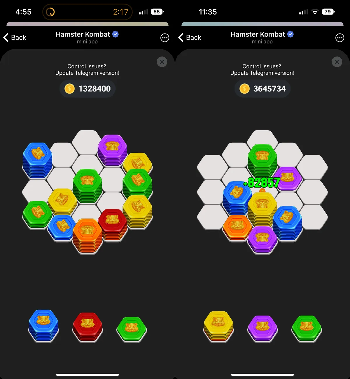 Hamster Kombat mini-game gameplay showing hexagonal grid with colorful token stacks and in-game currency earnings.