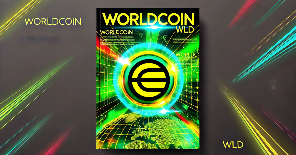 Worldcoin (WLD) glowing symbol on a futuristic digital grid background with vibrant colors and text elements.