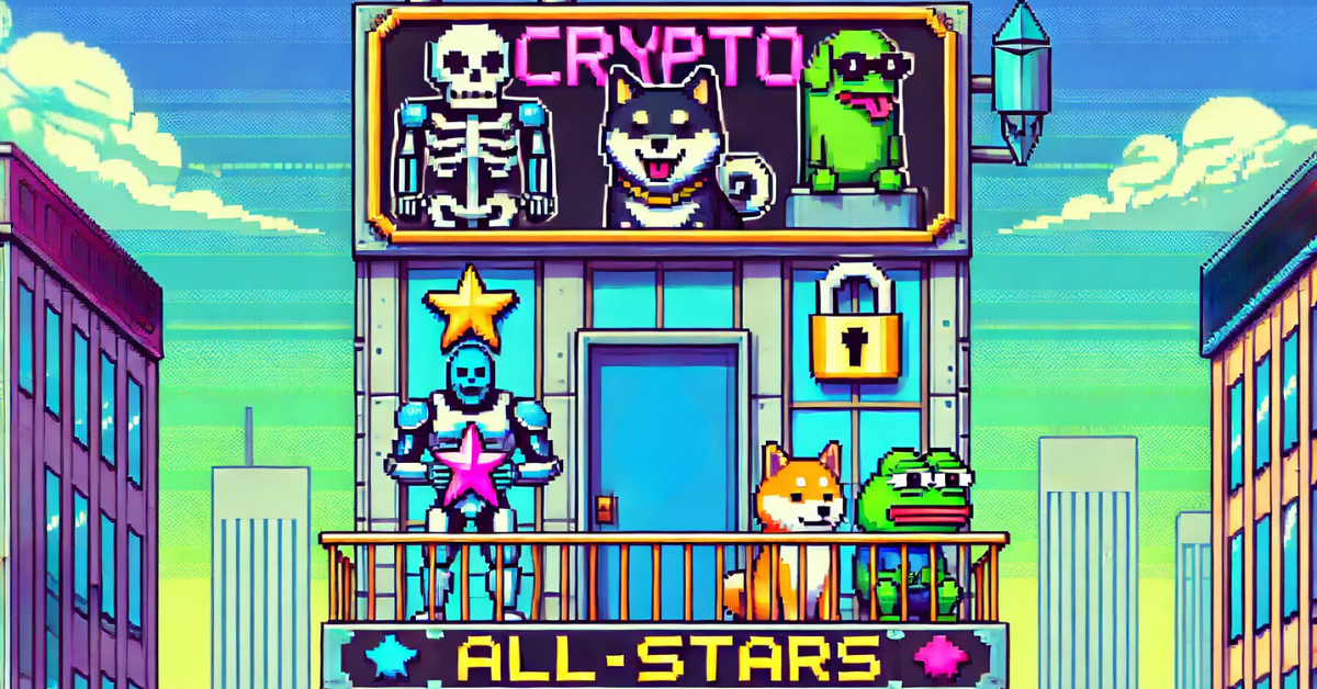 Crypto All-Stars platform featuring popular meme coin characters in pixel art style on a retro-styled building facade.