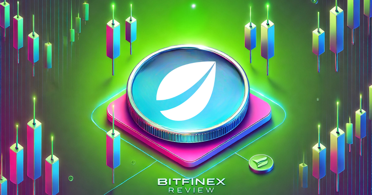 Bitfinex logo on a glowing platform with vibrant green and purple candlestick charts surrounding it, captioned 'Bitfinex Review'.