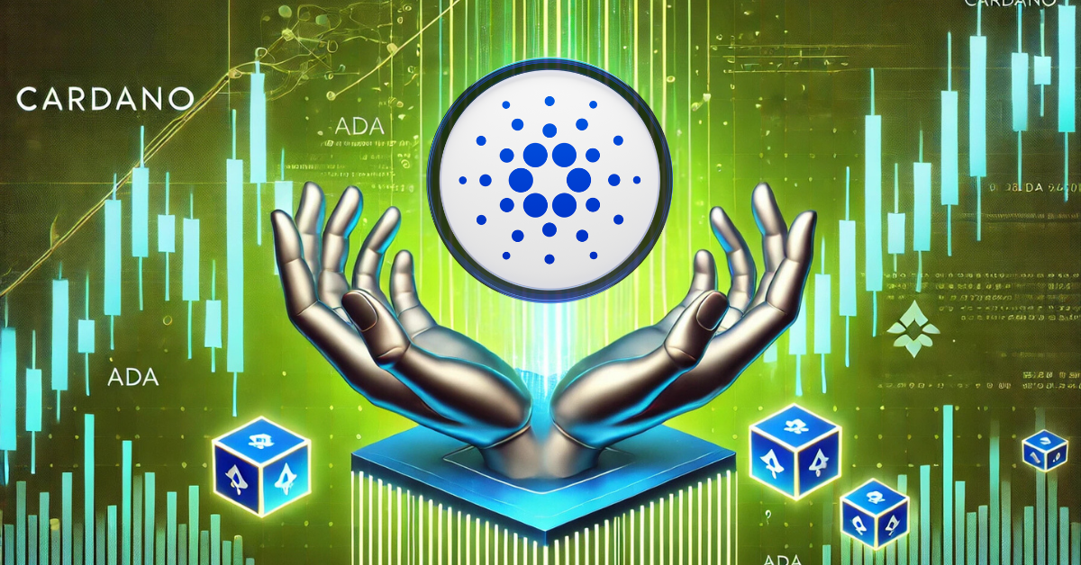 Cardano (ADA) logo floating above robotic hands with green candlestick charts and blockchain cubes in the background.