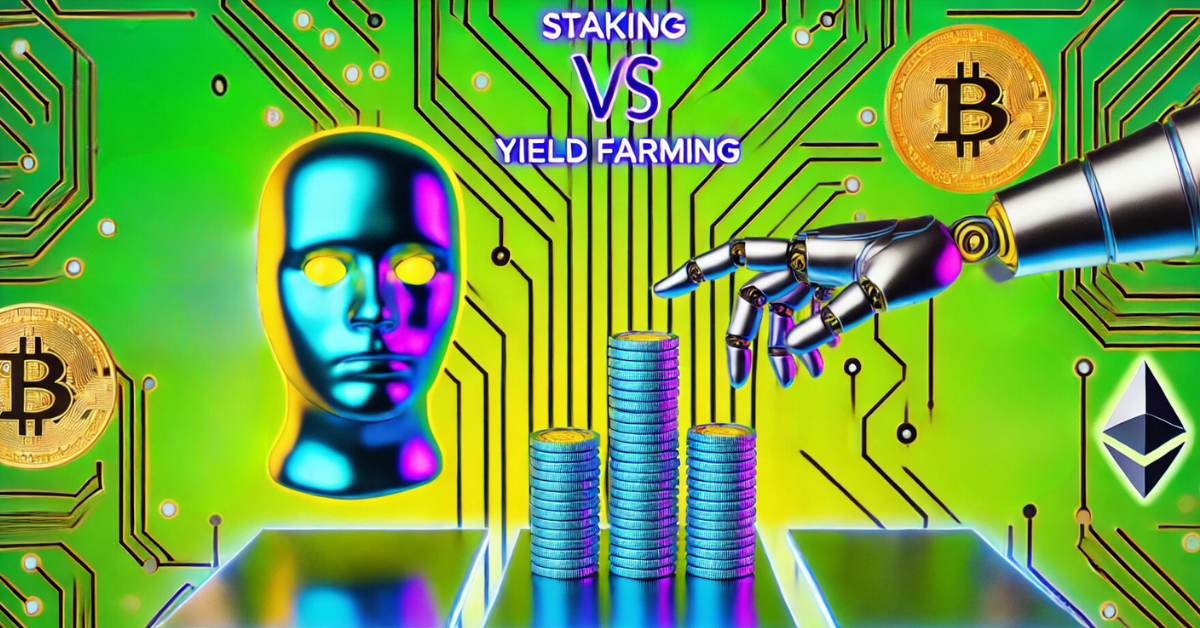 Staking vs Yield Farming: robotic hand reaches toward stacks of coins, digital face, and Bitcoin and Ethereum logos on a circuit board background.