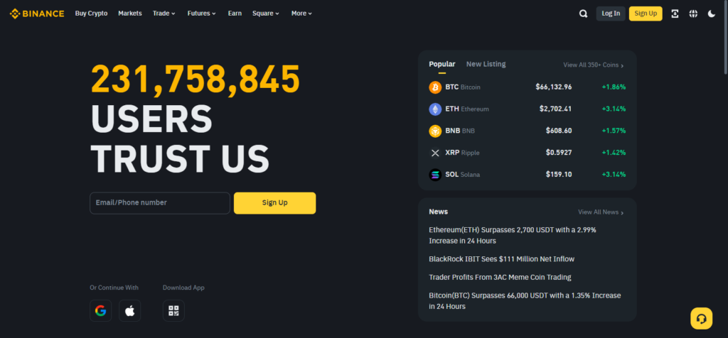 Binance homepage showing trust stats, popular cryptocurrencies like Bitcoin and Ethereum, and a signup option.