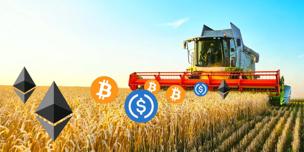 Harvesting machinery in a field with Bitcoin and Ethereum icons symbolizing crypto yield farming.