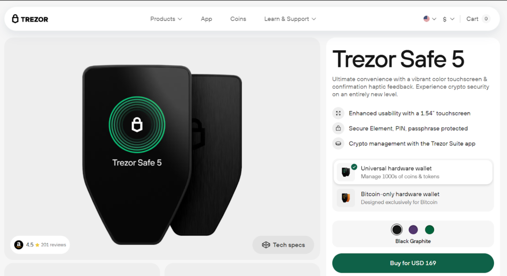 cold wallet for cryptocurrency: trezor safe 5