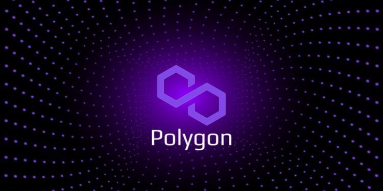 Polygon MATIC token symbol cryptocurrency in the center of spiral of glowing dots on dark background. Cryptocurrency logo icon for banner or news. Vector illustration.