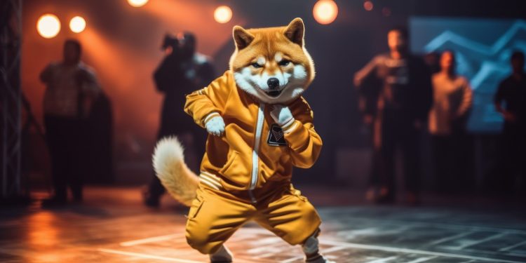 Shiba inu Japanese Dog Wearing Hip hop Suit Dancing Bboy on the Stage. Created Generative Ai