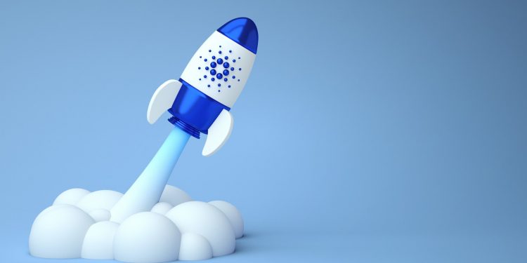 Valencia, Spain - May, 2022: Cardano to the moon, bullish altcoin ADA cryptocurrency. Cardano token crypto currency logo in a rocket with copy space background in 3D rendering. Blockchain defi