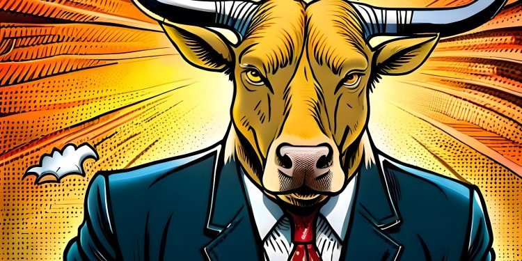 Bull businessman. Bullish market and stock trading concept.  Comic book style generative AI illustration