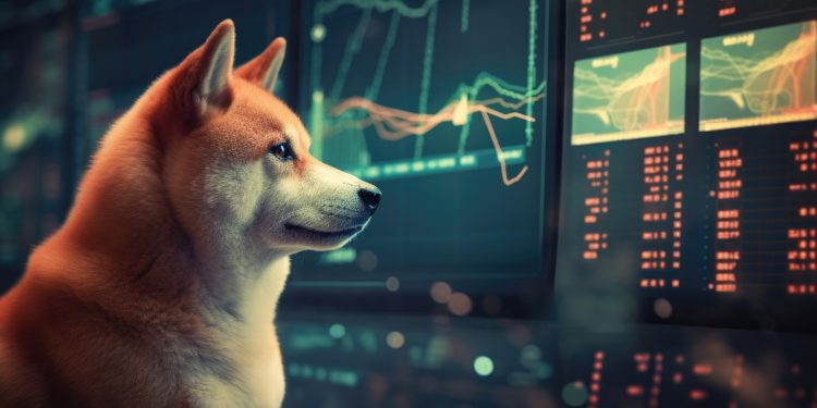 A Shiba Inu, a symbol of crypto culture, poses in front of a cryptocurrency trading chart, epitomizing the digital finance era.