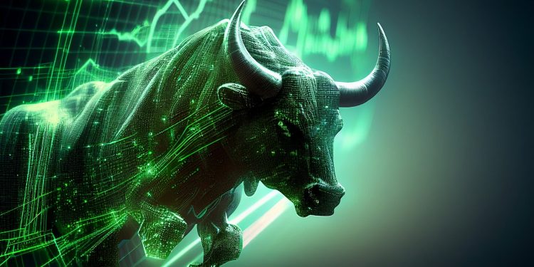 Stock market bull market trading Up trend of graph green background rising price Generative AI
