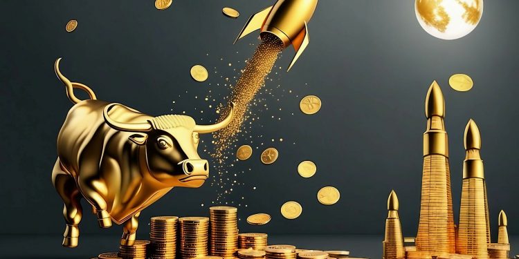 gold stack and flying coins with rocket performance for price increase and bull market concept. with a running bull