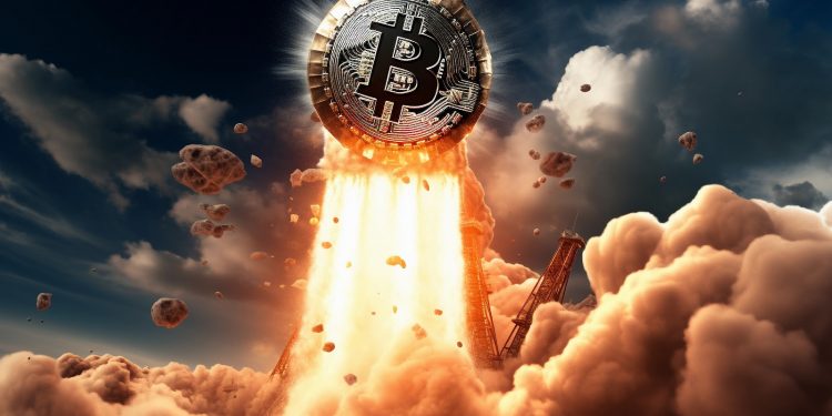 Bitcoin rocket pumping and launching to the moon