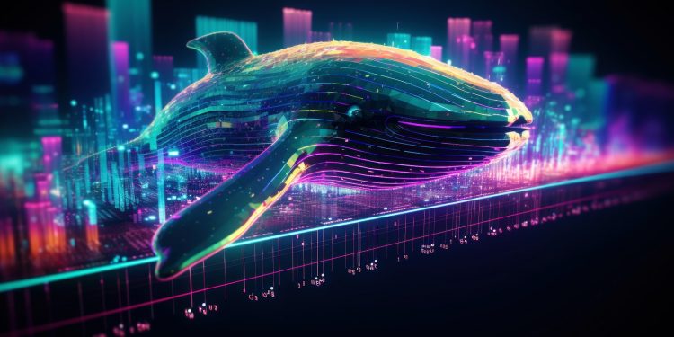 Big data visualization. Flight of a digital whale in neon colors. Information aesthetic design. Generative AI.