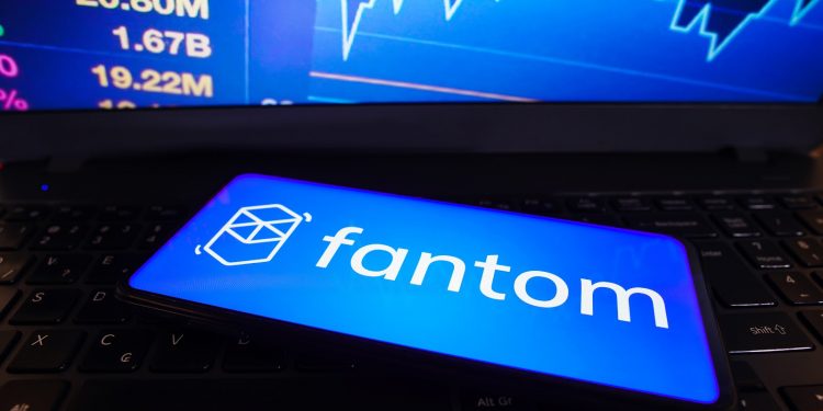 March 27, 2023, Brazil. In this photo illustration, the Fantom (FTM) logo is displayed on a smartphone screen