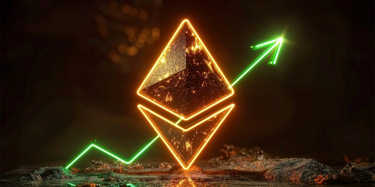 Ethereum growing concept. Ethereum cryptocurrency with rising up candle stick graph chart. 3d Ethereum(ETC) on green background with HUD elements. Cryptocurrency with stock market