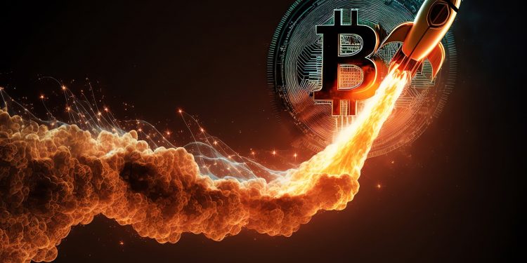 Bitcoin price rising up on rocket flame. Bitcoin sign and fire. Digital electronic currency. Cryptocurrency trading concept. Online banking. Generative AI