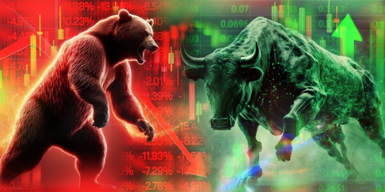 Bull Market vs Bear Market candlestick stock graph market closeup screen trade global Investment technology bankruptcy recession banking statistics