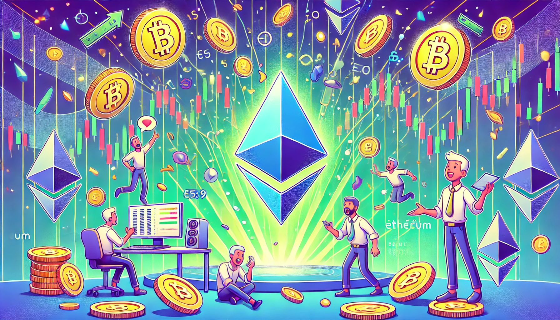 Uma ilustração vibrante em estilo cartoon destacando 'O que o preço do Ethereum está fazendo hoje?' com predominância das cores verde e amarelo.